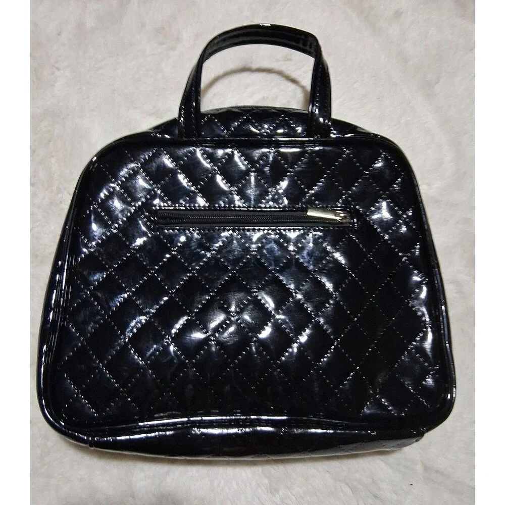 Cherry Blooms Black Soft Leather Quilted Cosmetic Bag + Organizer